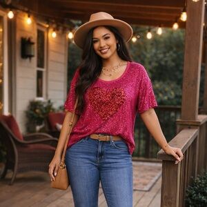 BiBi Fuchsia Sequin Top with Heart Accent